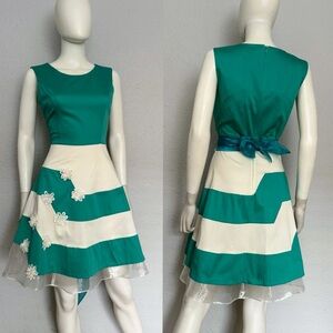 NWT SLEEVELESS FIT & FLARE DRESS ROUND NECK COLOR-BLOCK‎ STRIPED SKIRT BELTED